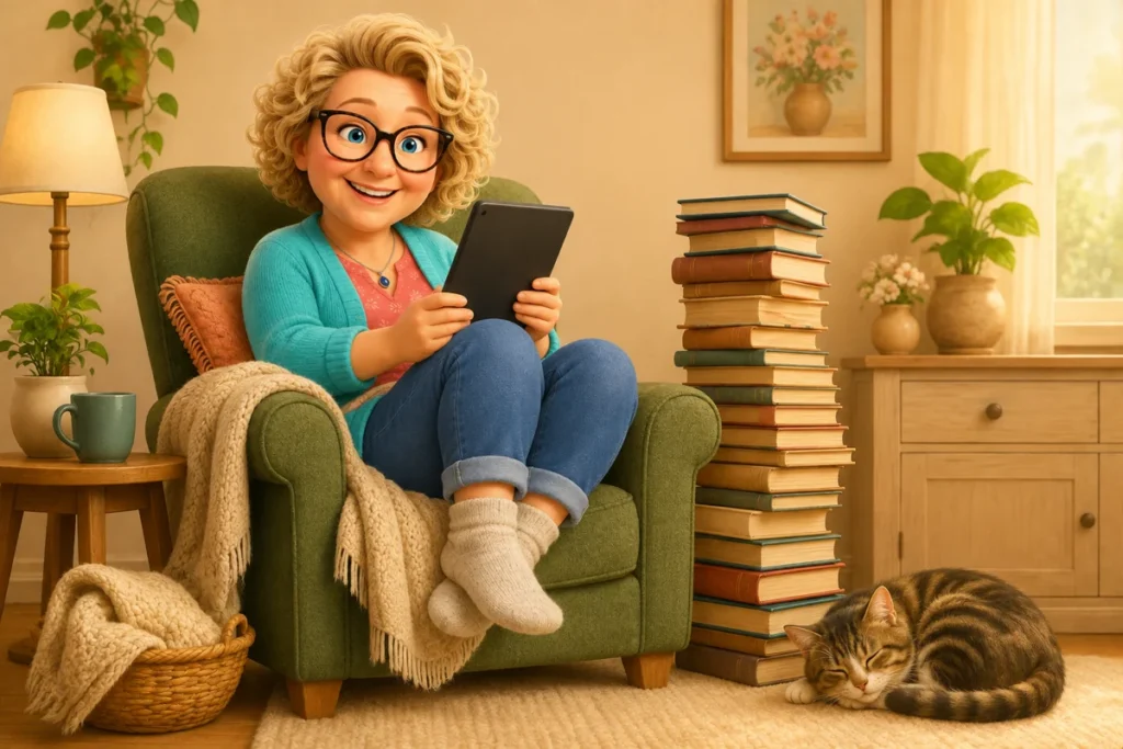 Nana leest in een stoel naast een stapel boeken; eigen sfeerillustratie.
