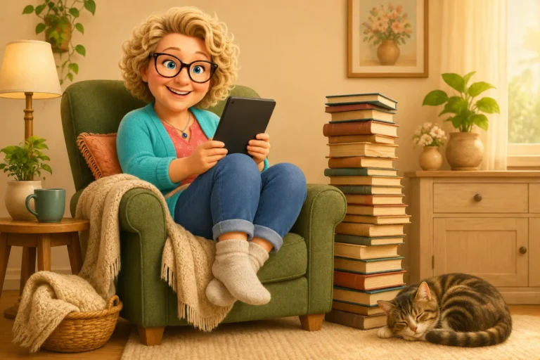 Nana leest in een stoel naast een stapel boeken; eigen sfeerillustratie.
