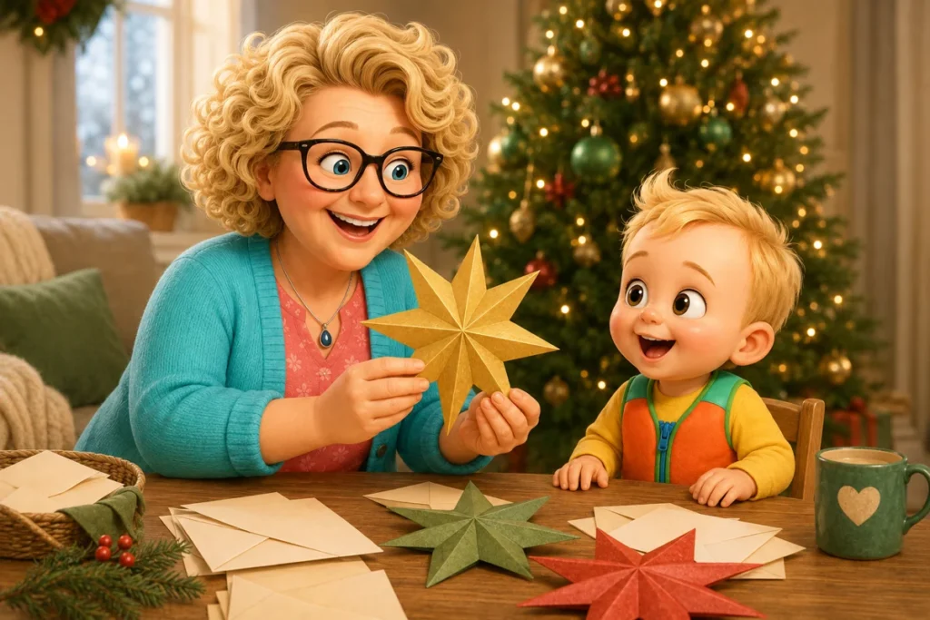 Nana en Link bereiden een kerstmoment met papieren sterren voor; eigen sfeerillustratie.