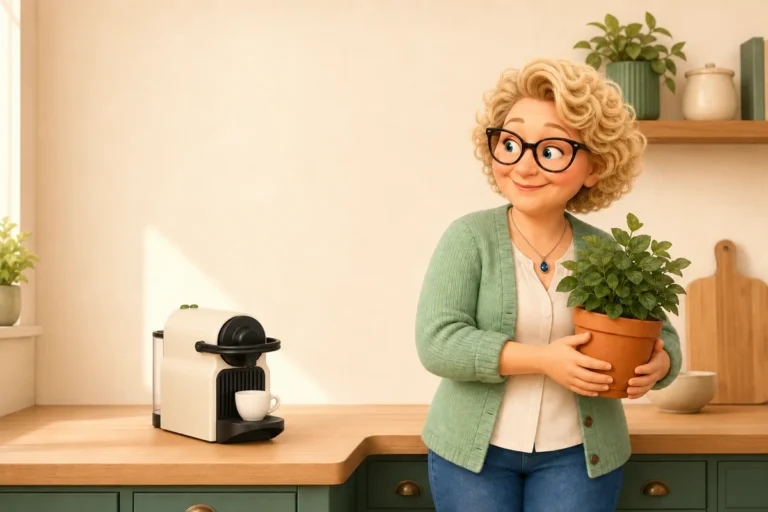 Nana maakt met een plantje ruimte voor een koffiehoek; eigen sfeerillustratie.