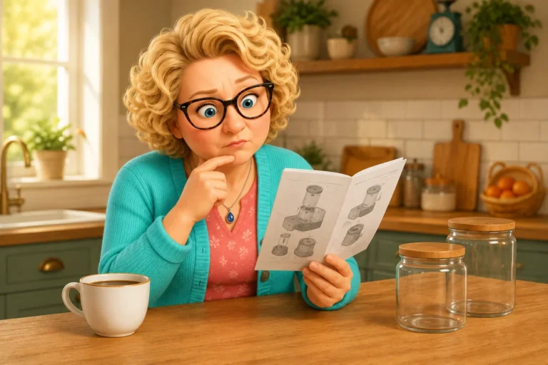 Nana bekijkt een handleiding bij haar kop koffie; eigen sfeerillustratie.