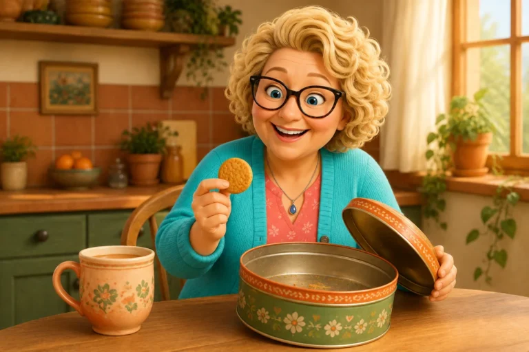 Nana vindt het laatste koekje bij haar mok thee; eigen sfeerillustratie.