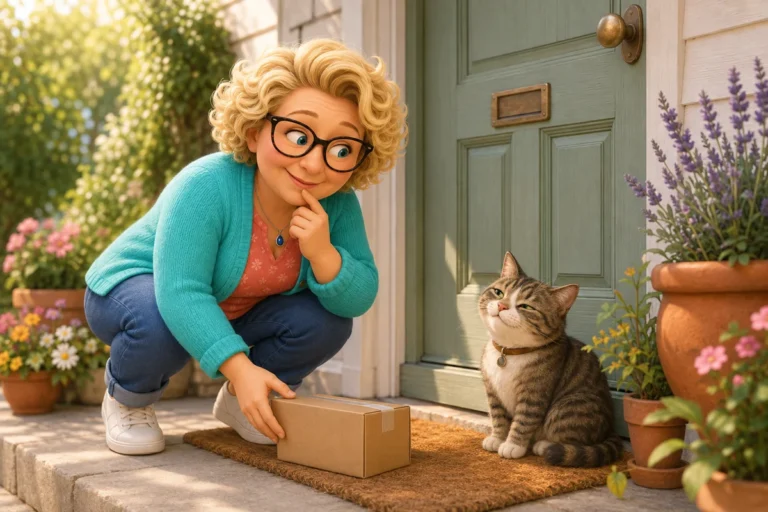 Nana en de kat bij een pakketje aan de voordeur; eigen sfeerillustratie.